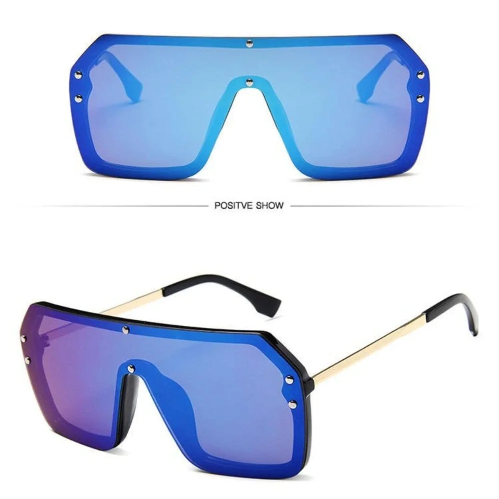Shield Sunglasses Blue Mirrored Lens Rivet‎ Accents Fashion Statement Lentes New